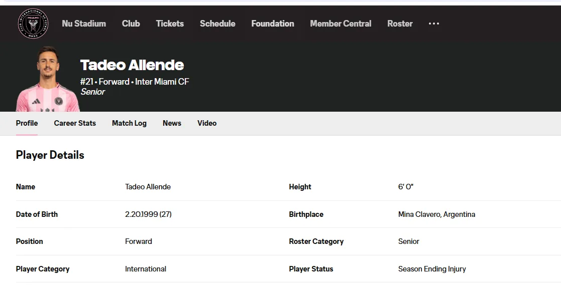Tadeo Allende’s profile. (Inter Miami’s official website)