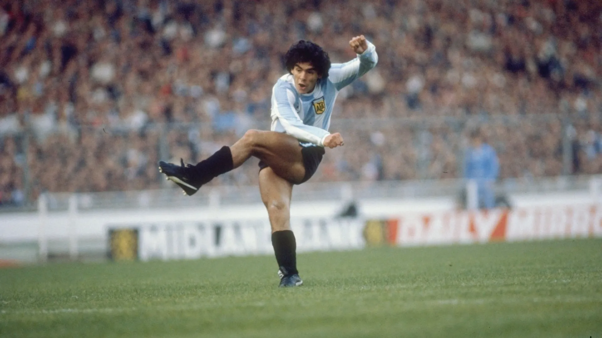 Diego Maradona of Argentina in action during a match.