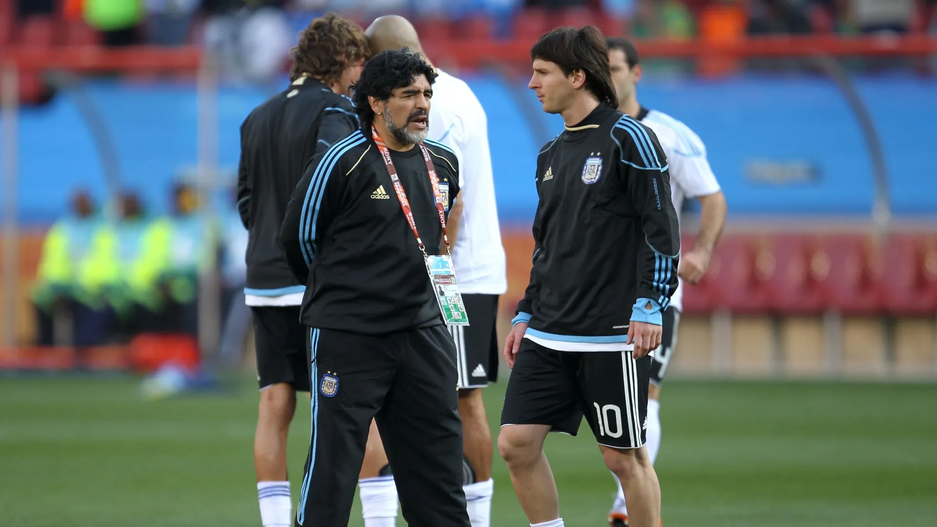 Diego Maradona head coach of Argentina alongside Lionel Messi.