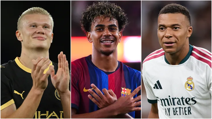 Erling Haaland (left), Lamine Yamal (center), and Kylian Mbappe, (right)