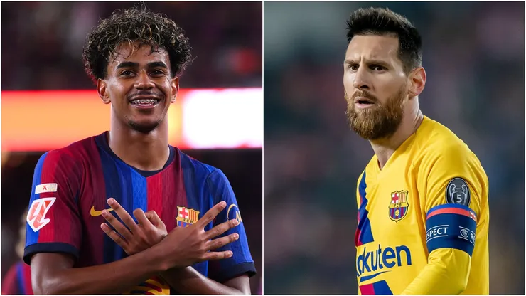 Lamine Yamal and Lionel Messi of Barcelona.