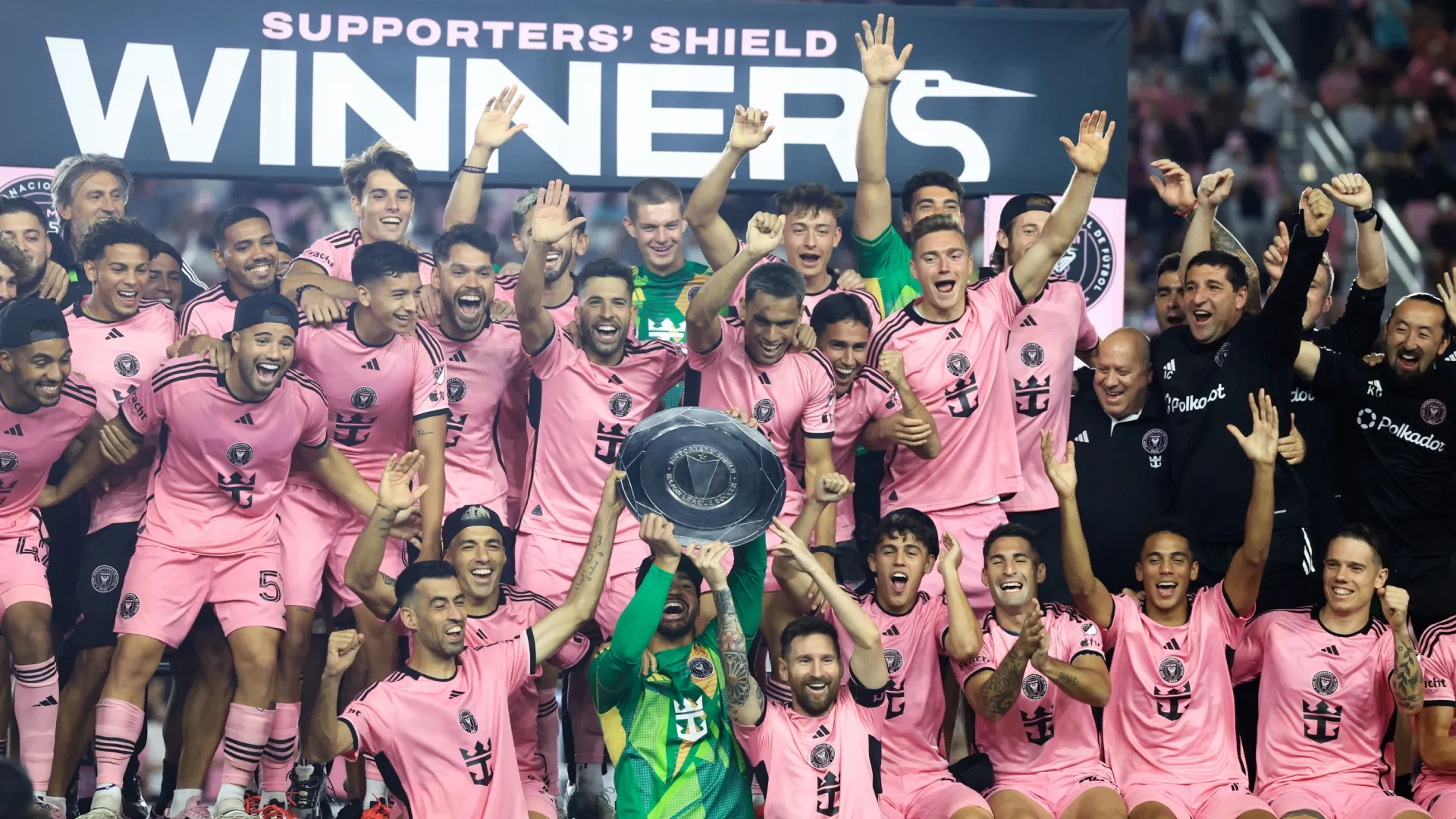 Lionel Messi #10 and Inter Miami lift the 2024 Supporters' Shield.