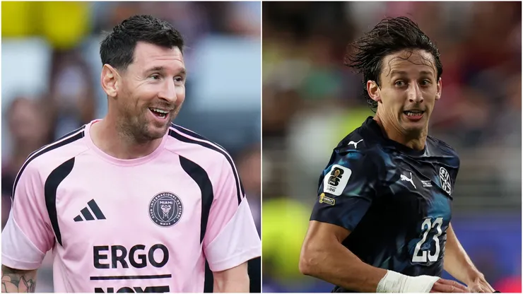 Lionel Messi #10 of Inter Miami CF and Matias Galarza #23 of Paraguay.