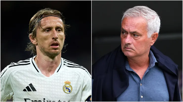 Luka Modric and head coach Jose Mourinho of Real Madrid.