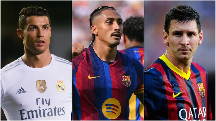 Cristiano Ronaldo of Real Madrid CF, Raphinha and Lionel Messi of FC Barcelona.