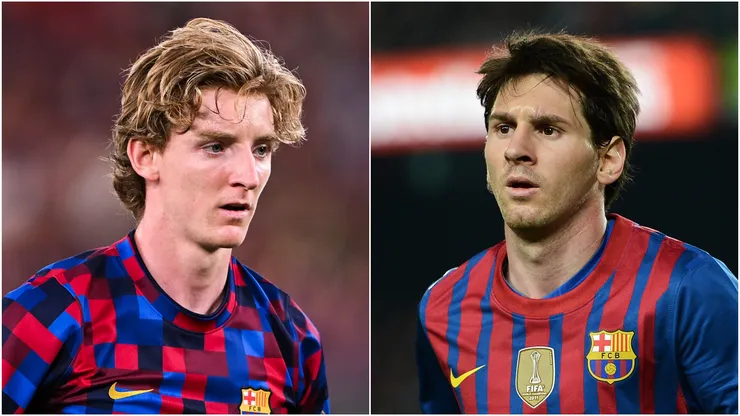 Anthony Gordon and Lionel Messi of FC Barcelona.