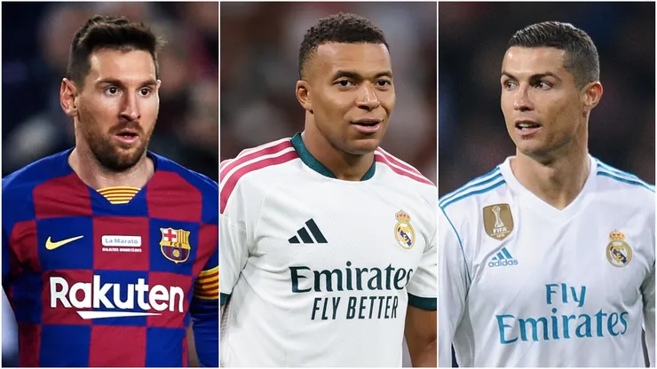 Lionel Messi of FC Barcelona, Kylian Mbappe, and Cristiano Ronaldo of Real Madrid CF.