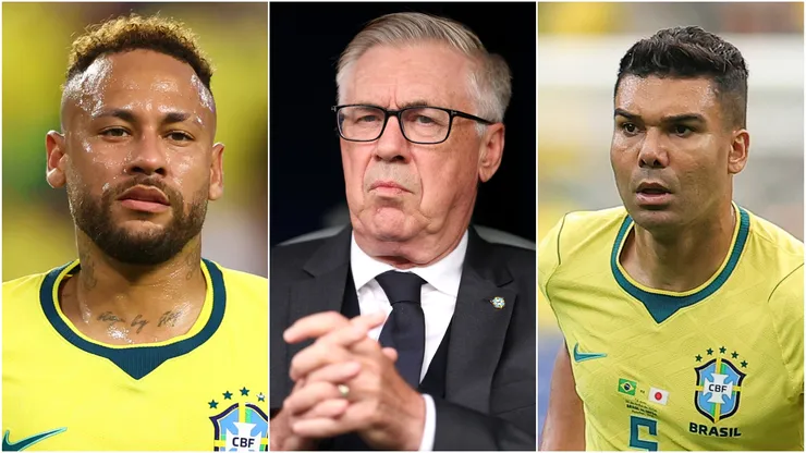 Neymar, head coach Carlo Ancelotti, and Casemiro of Brazil.