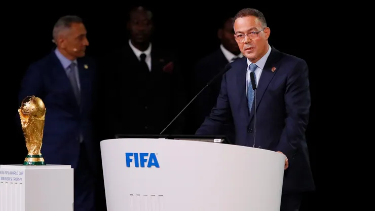 President of the Royal Moroccan Football Federation Fouzi Lekjaa alongside the FIFA World Cup trophy.