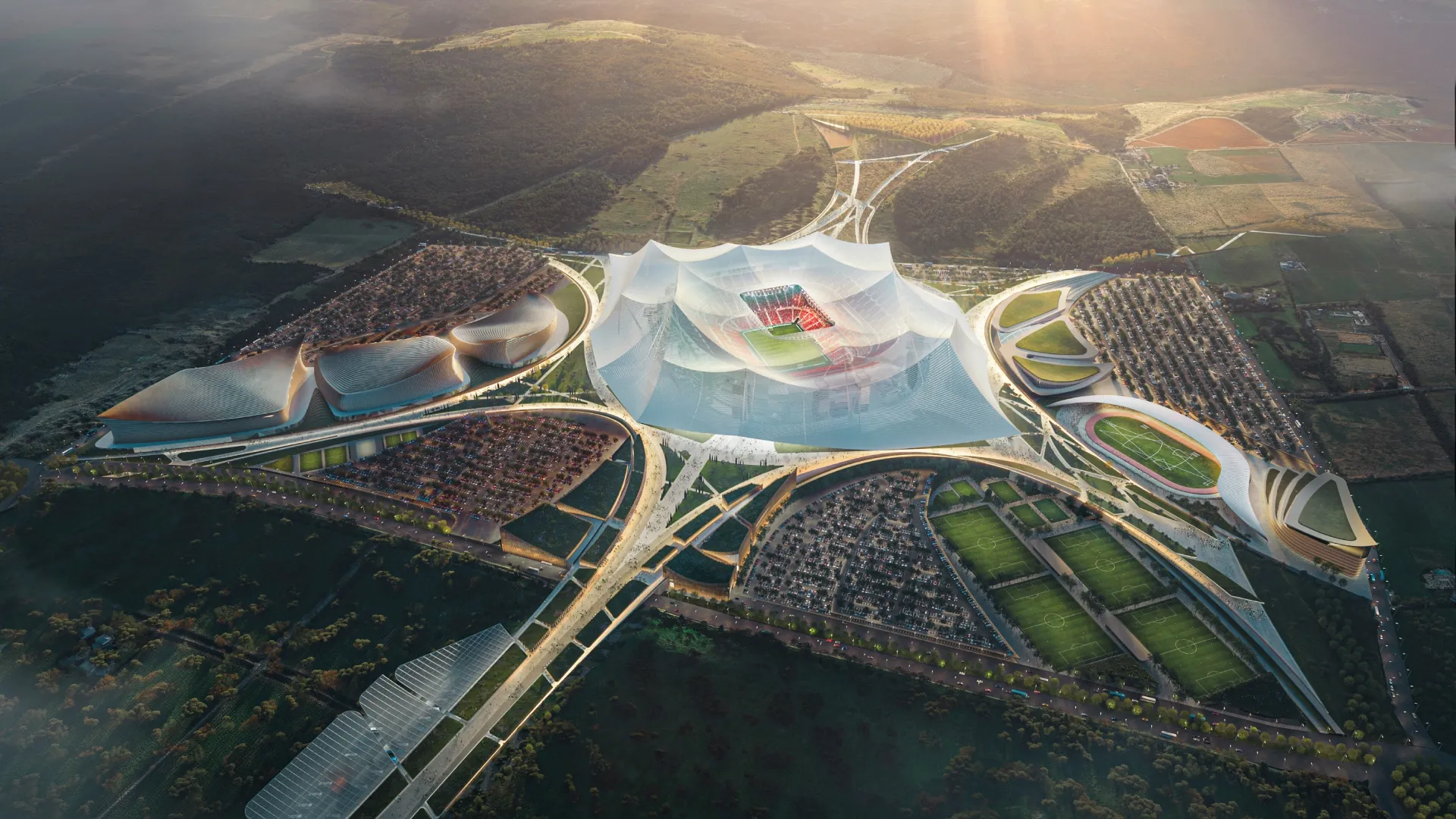 Digital renderings of the proposed Stade Hassan II stadium in Morocco.
