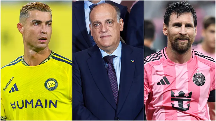 Cristiano Ronaldo (left), Javier Tebas (center), and Lionel Messi (right)