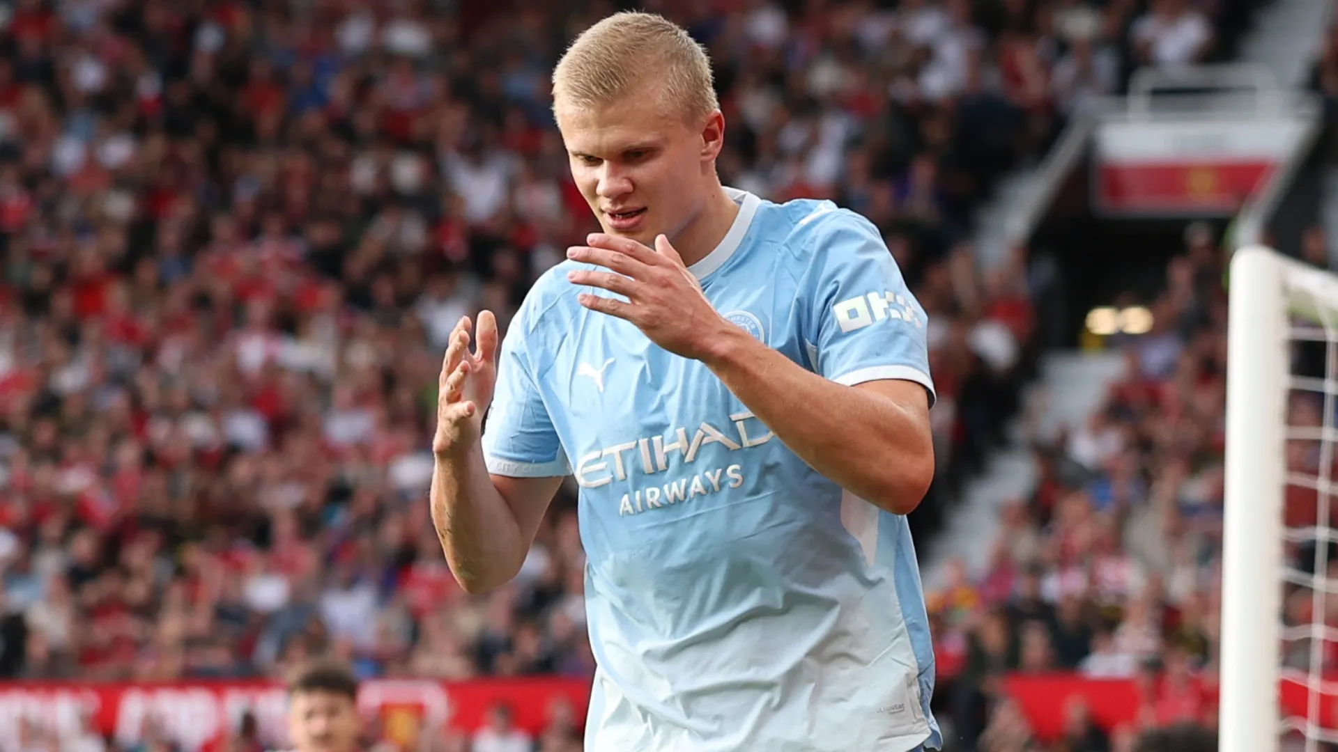 Erling Haaland of Manchester City reacts to his goal vs. Manchester United being disallowed.