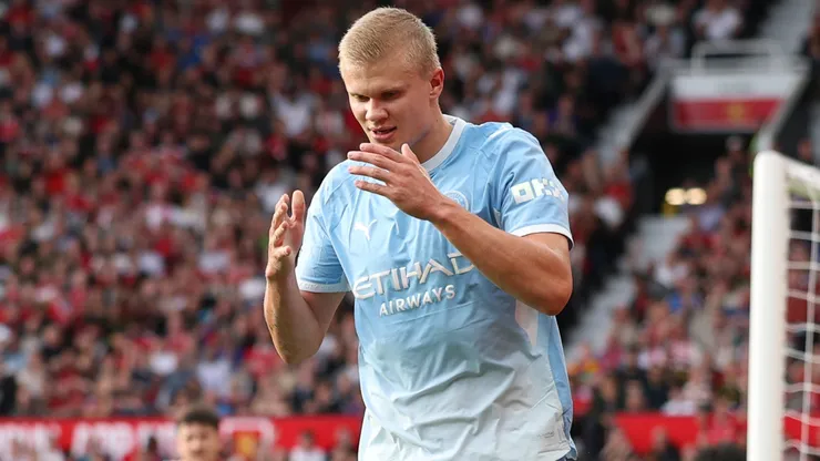 Erling Haaland of Manchester City reacts to his goal vs. Manchester United being disallowed.