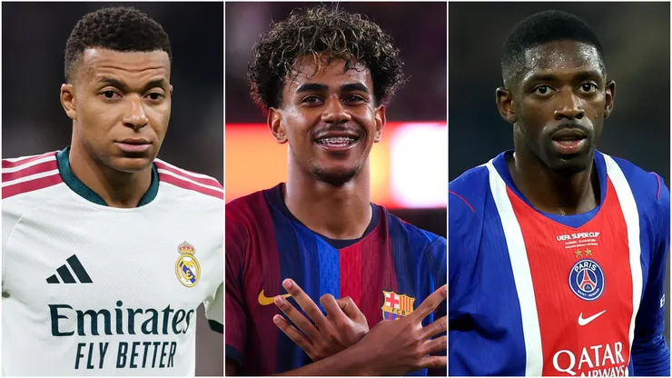 Kylian Mbappe (left), Lamine Yamal (center), and Ousmane Dembele (right)