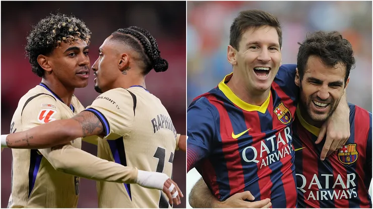 Lamine Yamal with Raphinha and Lionel Messi with Cesc Fabregas.