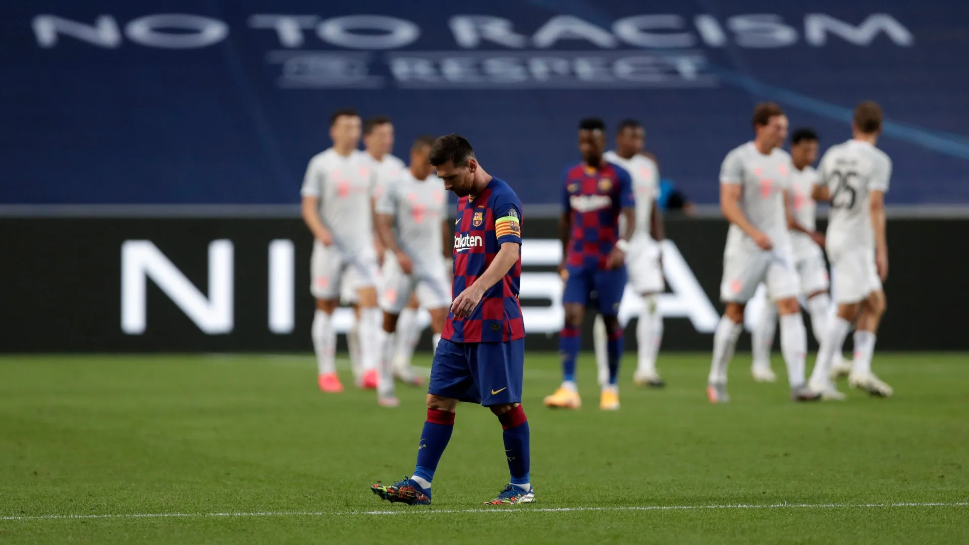 Lionel Messi of FC Barcelona looks dejected during the Bayern Munich game.