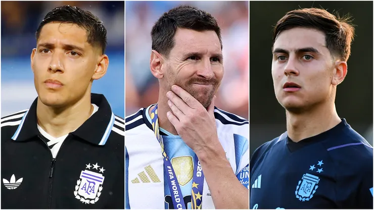 Nahuel Molina (left), Lionel Messi (center), and Paulo Dybala (right)