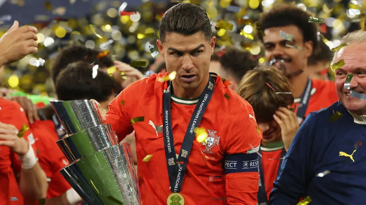 Cristiano Ronaldo of Portugal holds the UEFA Nations League trophy