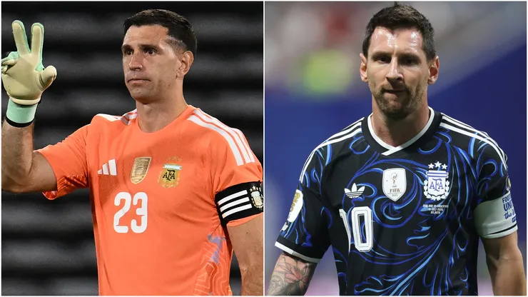 Emiliano Martinez and Lionel Messi of Argentina.