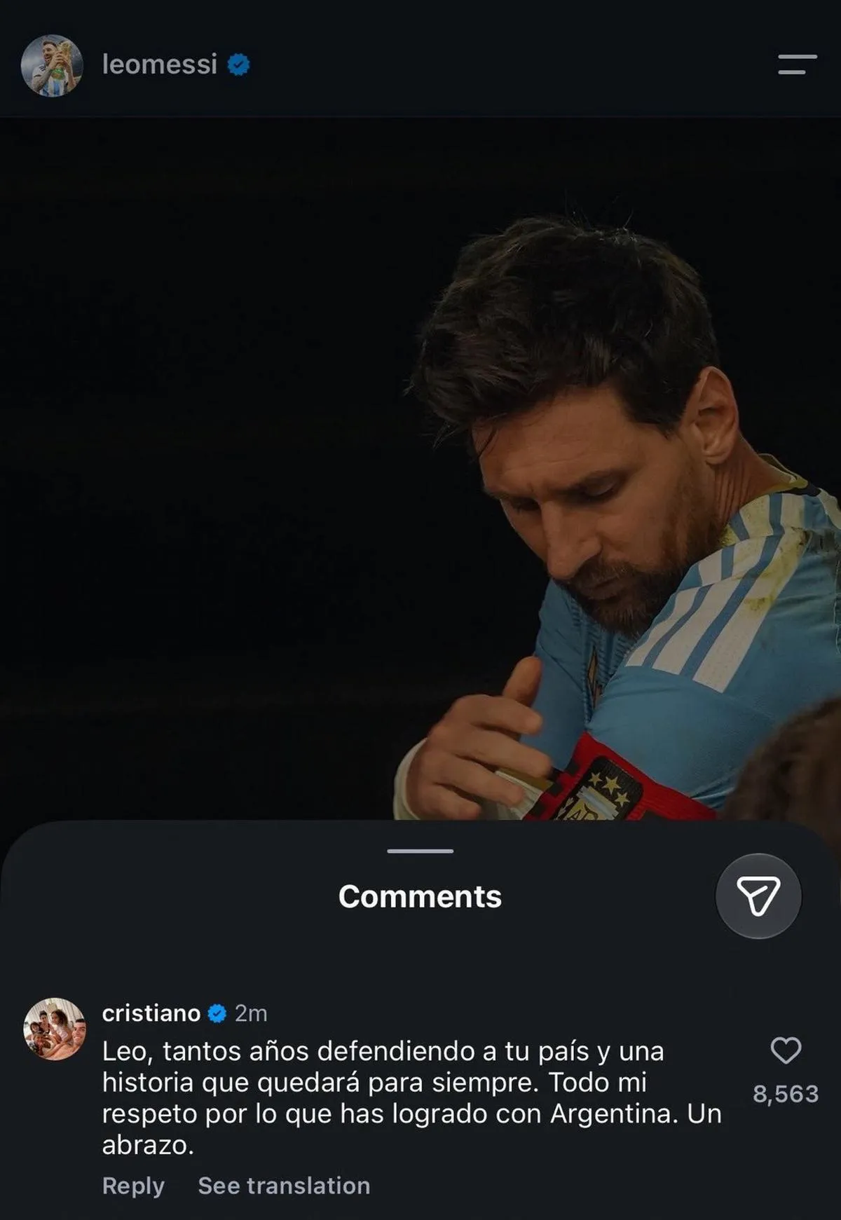 Cristiano Ronaldo’s comment on Lionel Messi’s Instagram post.