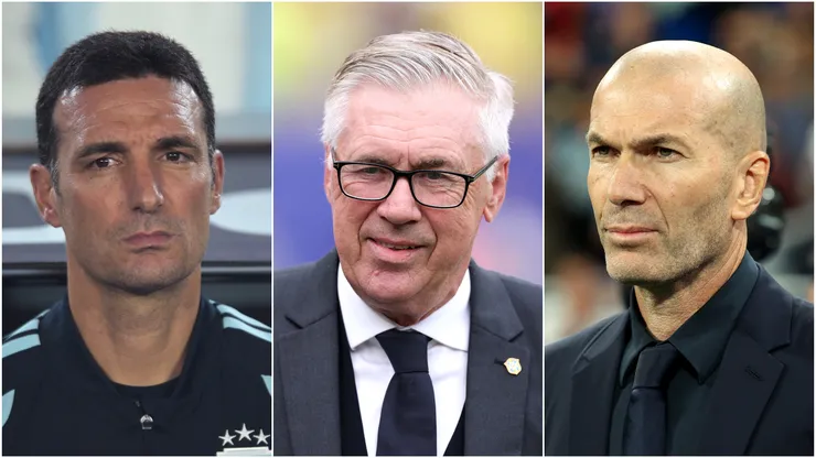 Lionel Scaloni (left), Carlo Ancelotti (center), and Zinedine Zidane (right)