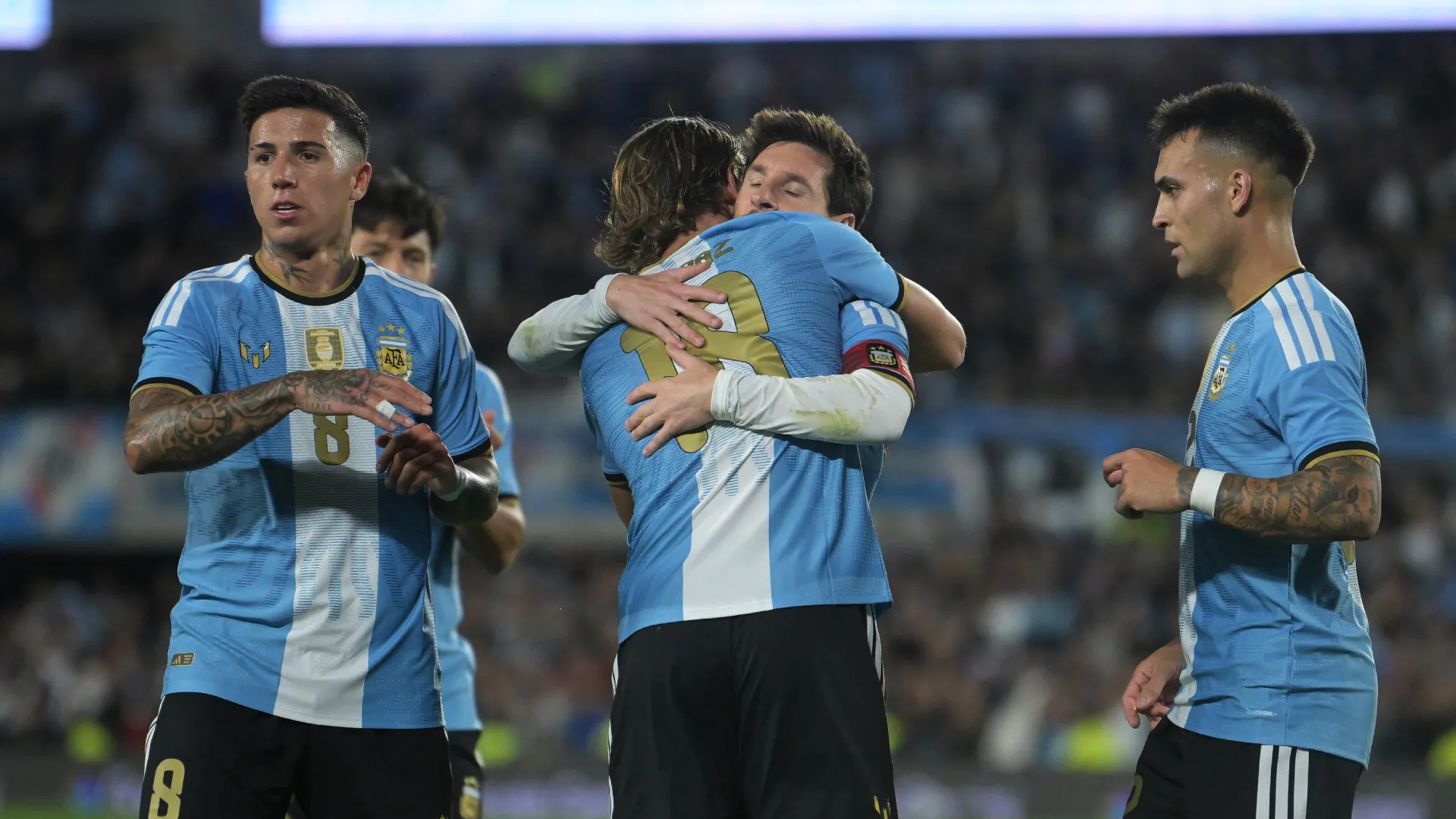 Nico Paz celebrates scoring Argentina’s second goal with Lionel Messi. (Getty Images)