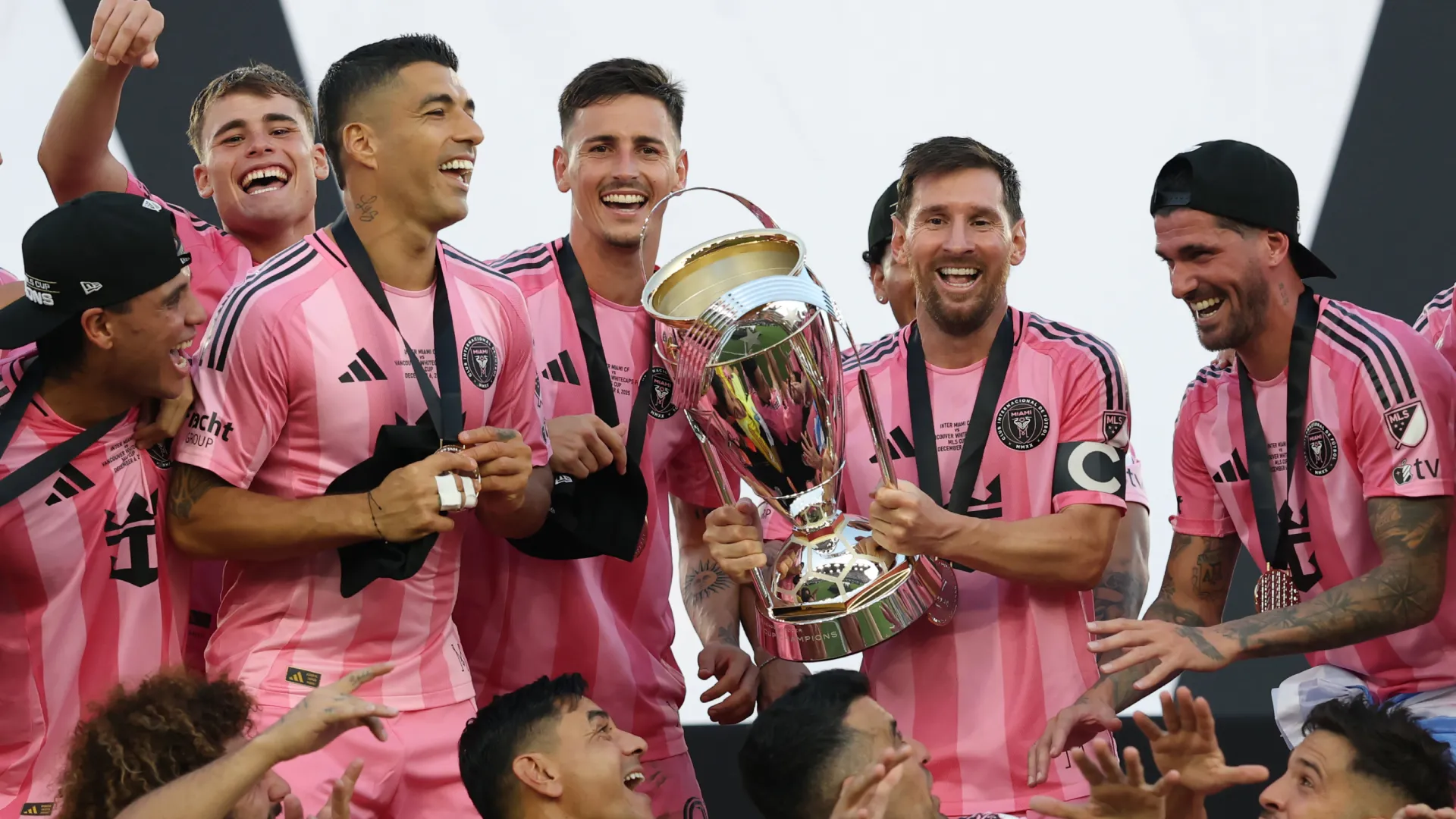 Lionel Messi #10 of Inter Miami CF lifts the MLS Cup trophy. (Getty Images)