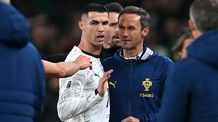 Cristiano Ronaldo of Portugal reacts after being shown a red card