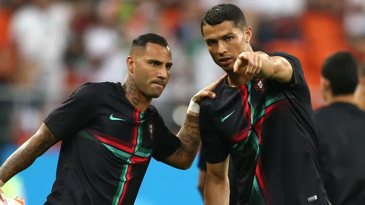 Cristiano Ronaldo and Ricardo Quaresma of Portugal warm up
