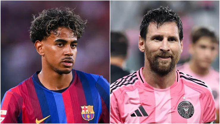 Lamine Yamal of Barcelona and Lionel Messi of Inter Miami